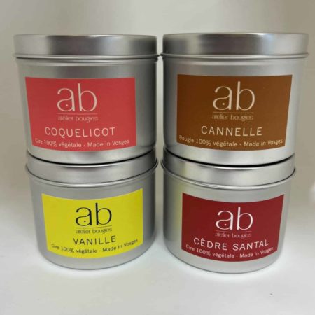 Coffret de 4 bougies parfumées artisanales - Vanille, Cannelle, Coquelicot, Cèdre/Santal