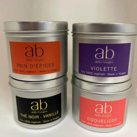 Coffret de 4 bougies parfumées artisanales - Thé Noir/Vanille, Pain d'épices, Coquelicot, Violette